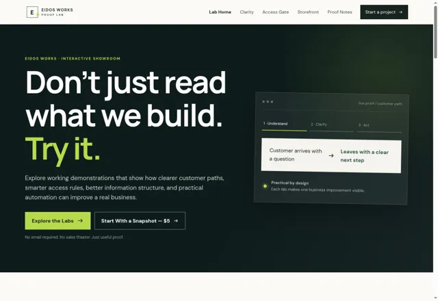 Eidos Works Proof Lab homepage preview