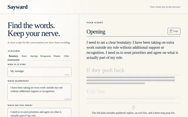 Sayward homepage preview